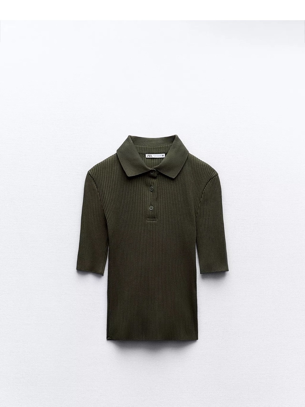 Zara Olive Green Ribbed Polo Top